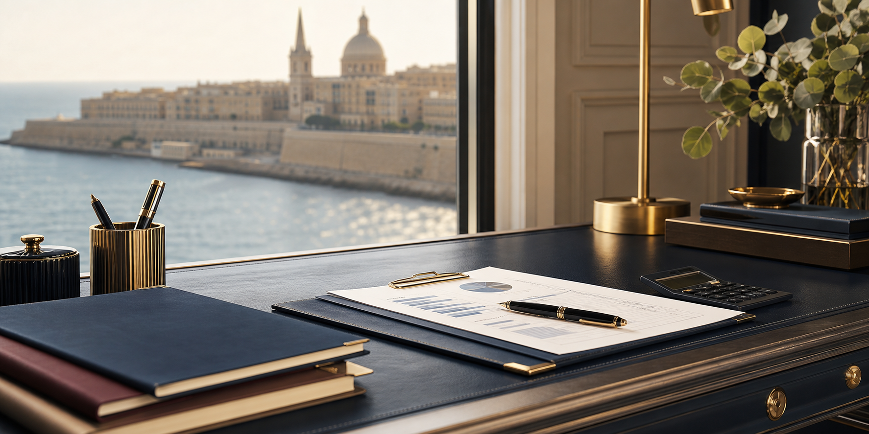 Premium Maltese accountancy desk with financial documents